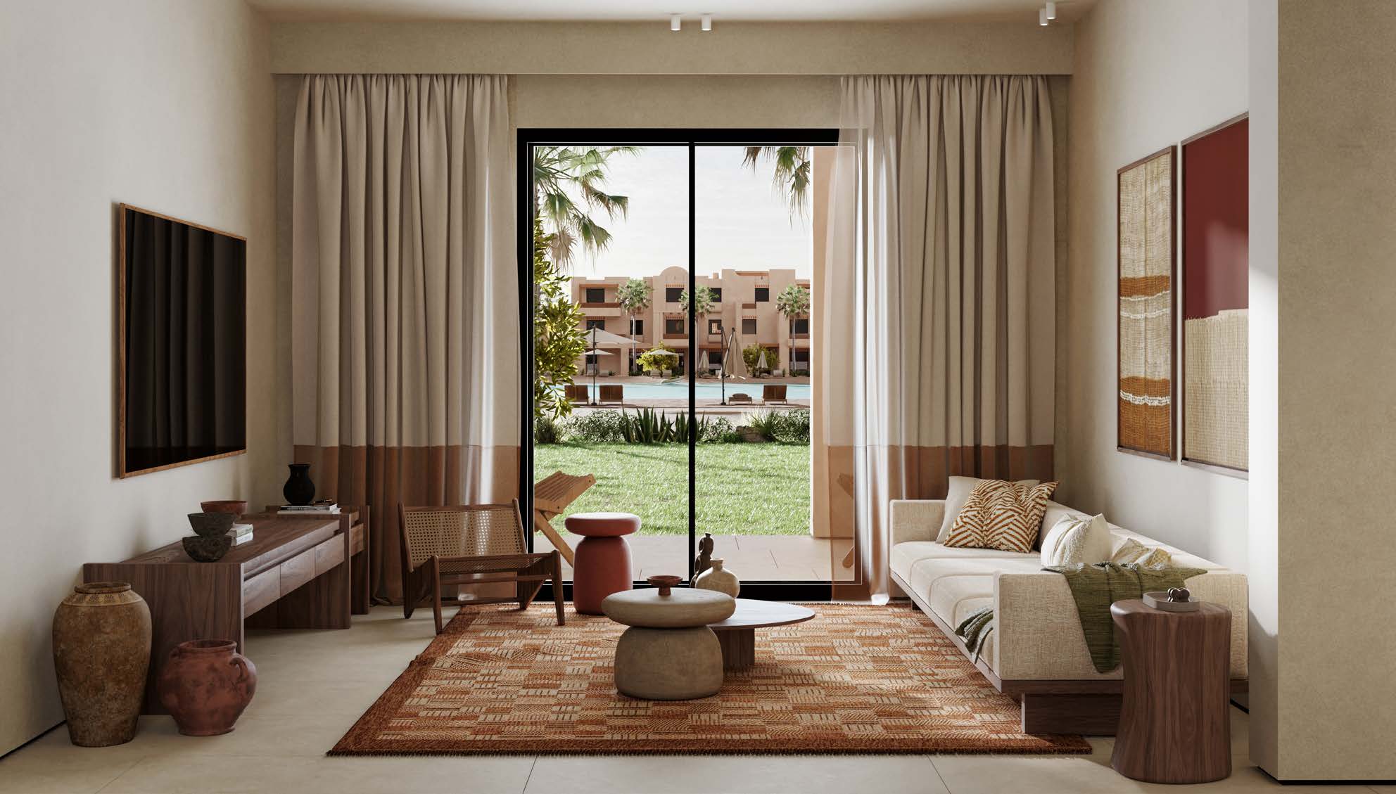 1bed_06_living_area For Sale: 1 Bedroom Apartment in Nuba Residence, El Gouna | New Launch by Orascom Development | BUA 80 sqm | Signature Sandy Pool | From USD 354,000