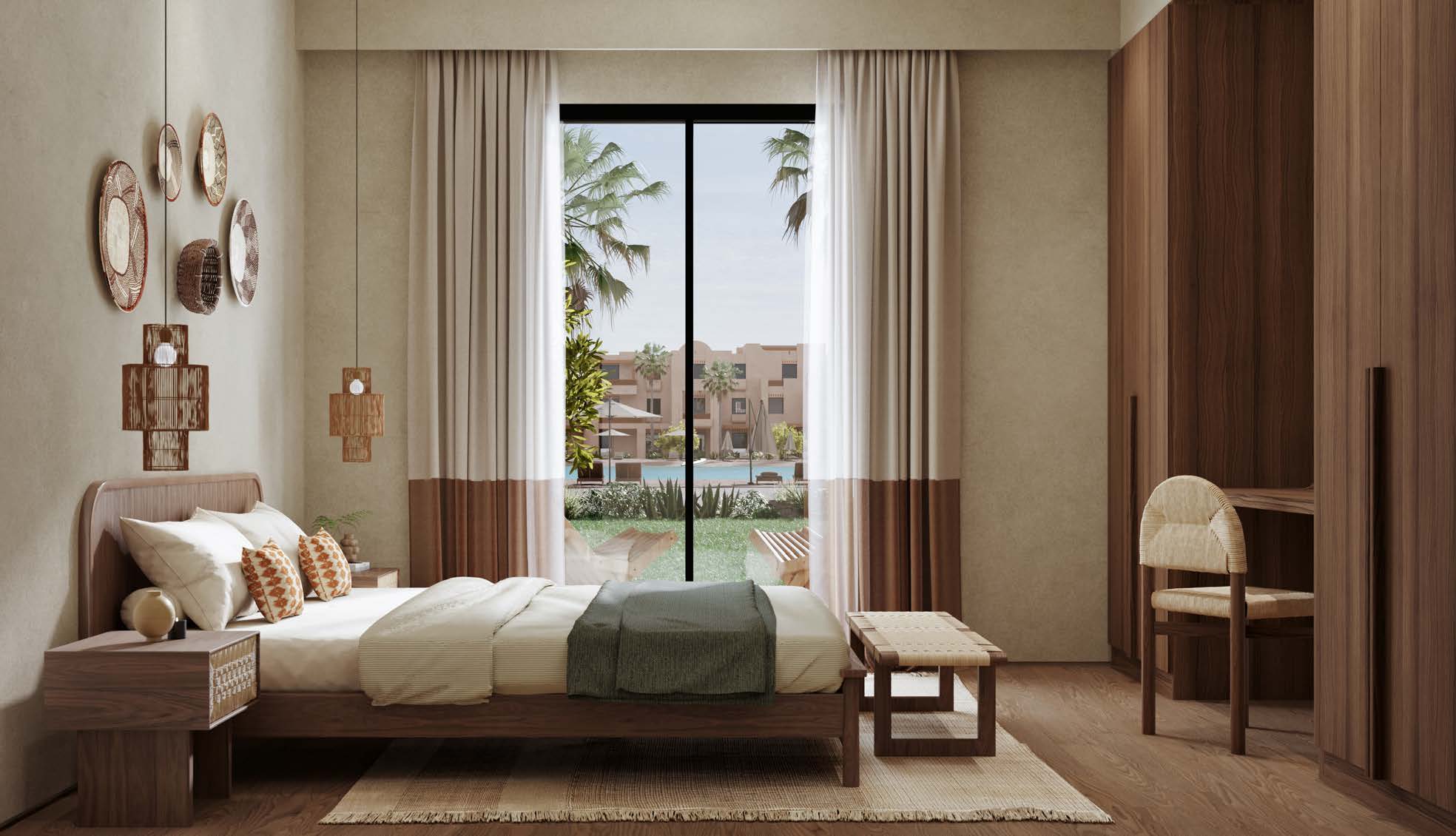 1bed_08_master_bedroom For Sale: 1 Bedroom Apartment in Nuba Residence, El Gouna | New Launch by Orascom Development | BUA 80 sqm | Signature Sandy Pool | From USD 354,000