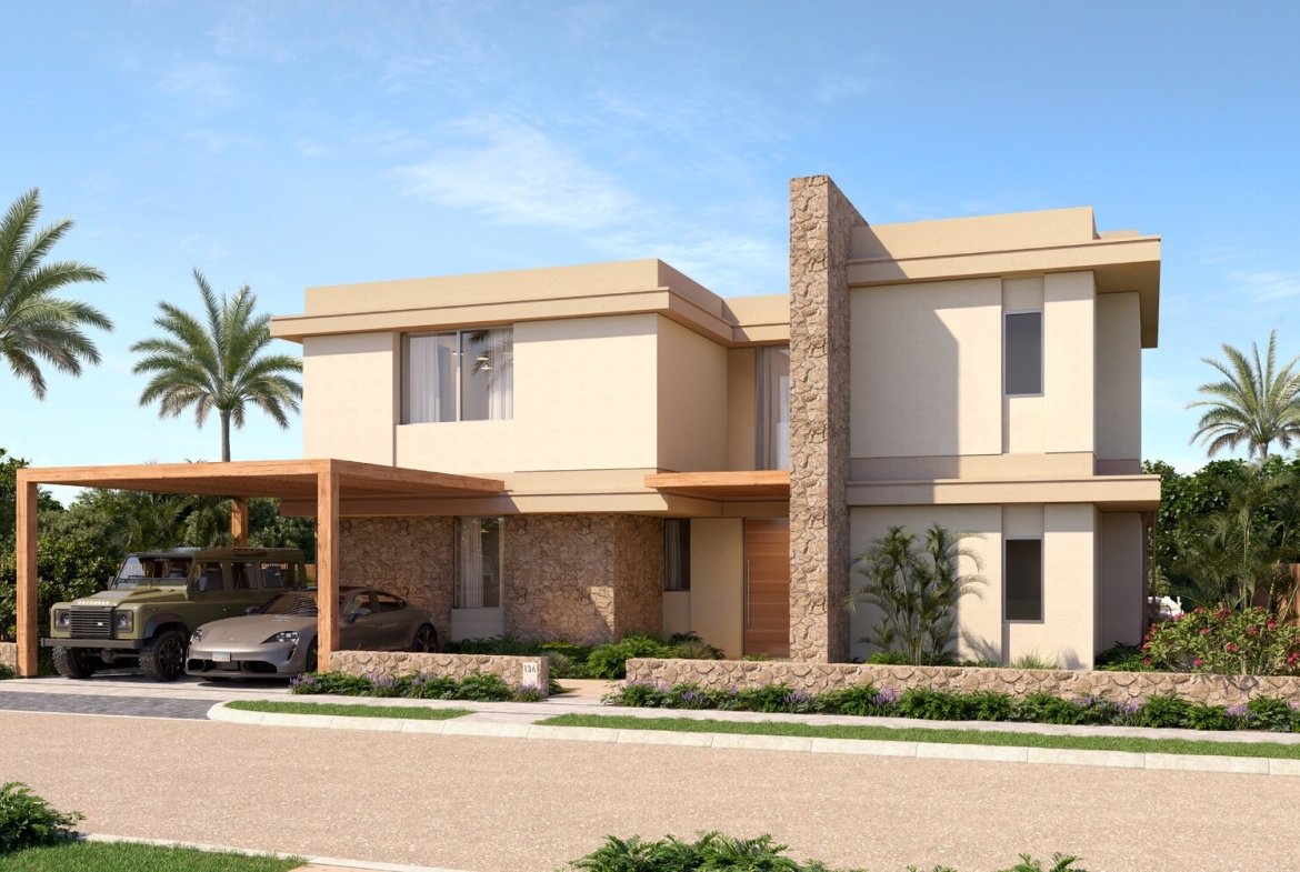Villa Type D front exterior and carport - West Bay Almaza Bay
