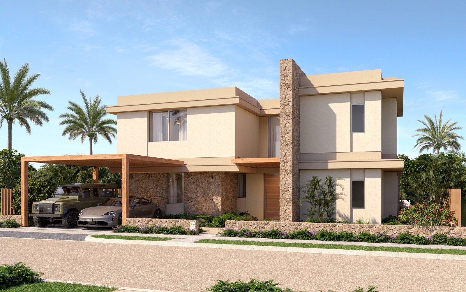 Villa Type D front exterior and carport - West Bay Almaza Bay