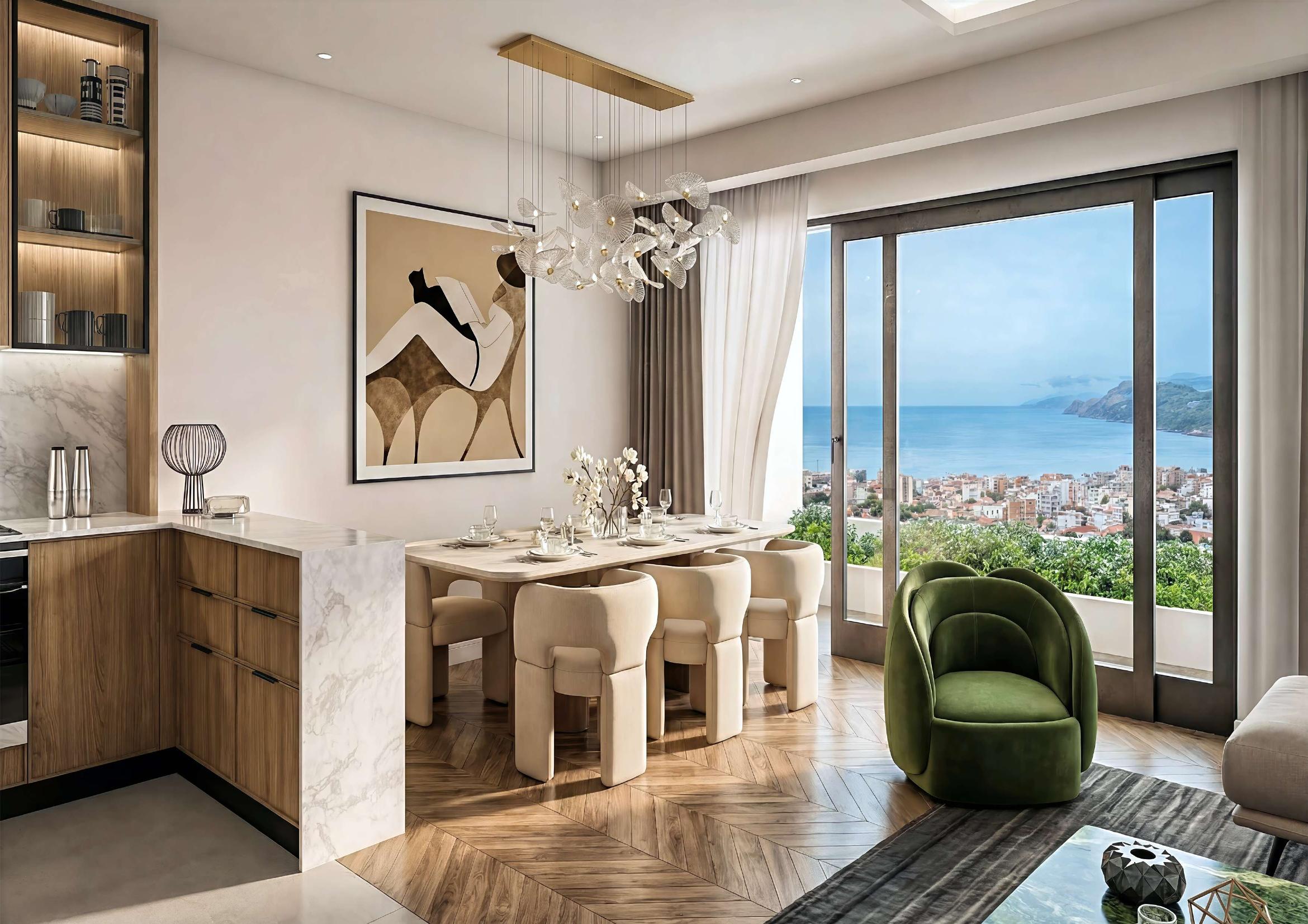 Kitchen and living area with sea view