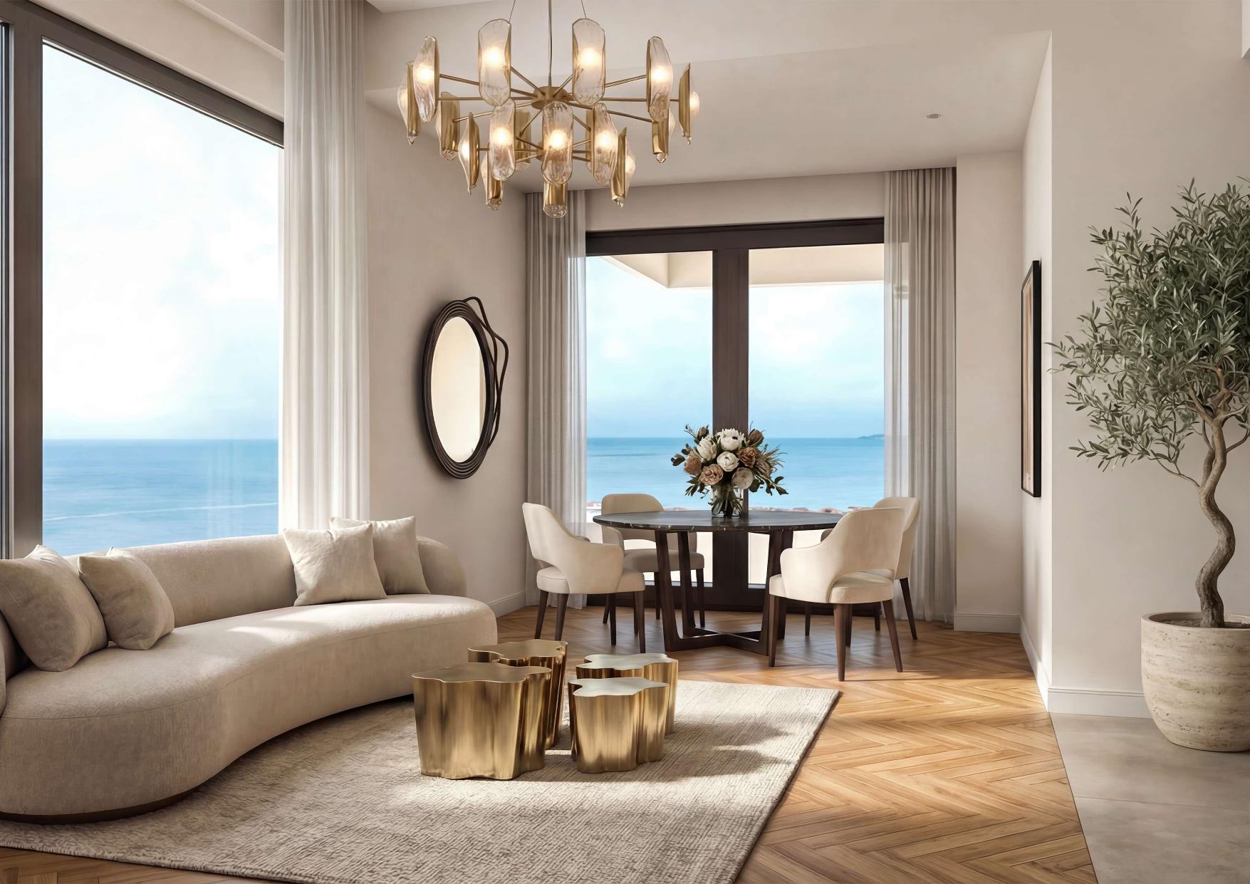 Wohnzimmer mit Meerblick in der Bellevue Residence, Dobra Voda